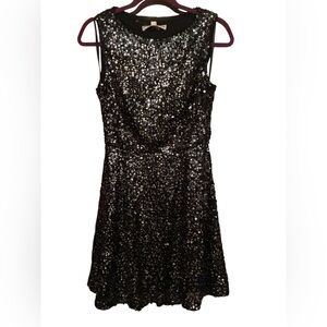 NWT HAILEY LOGAN BLACK SEQUIN OPEN BACK SKATER DRESS SIZE 7/8